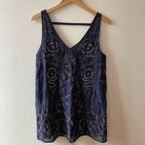 Free People Navy Beaded Sleeveless Embellished Tank Top
